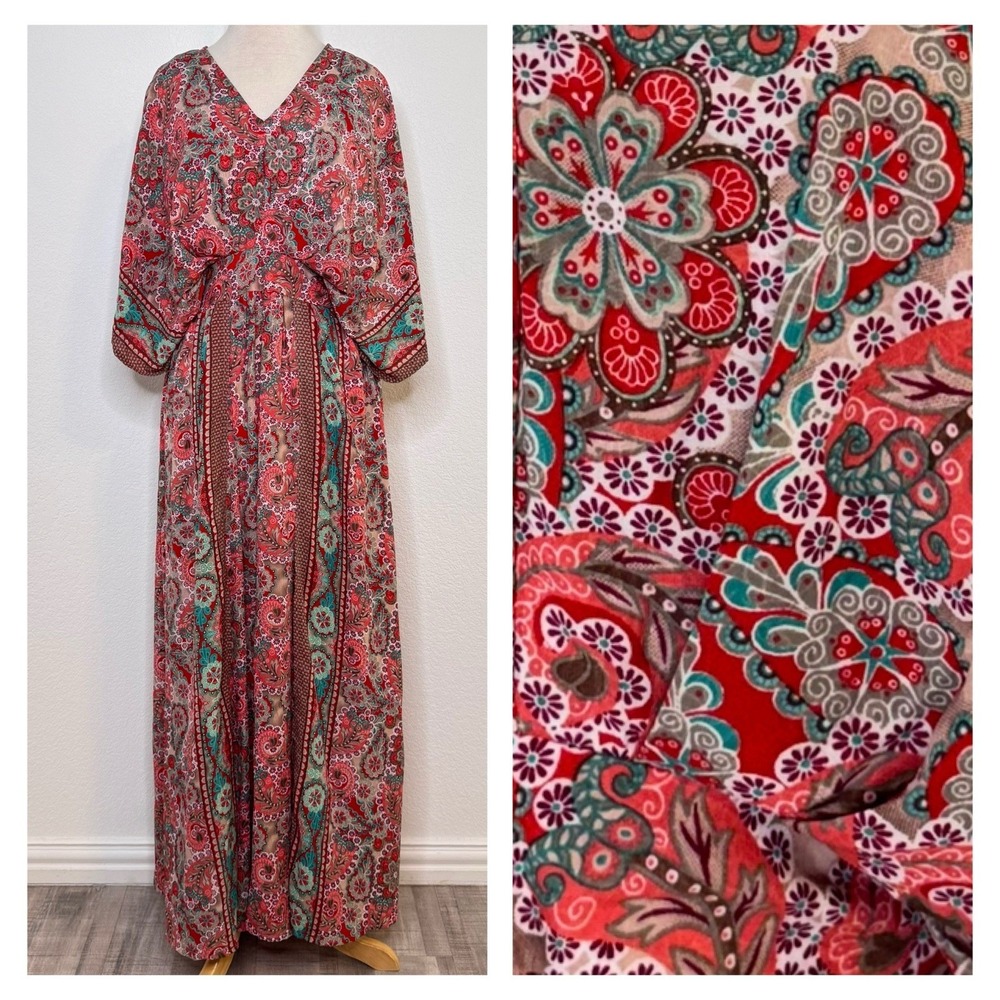 boemo Paisley Boho Maxi Dress Size M Red Pink Blue‎ Kimono Sleeve V Neck Kaftan